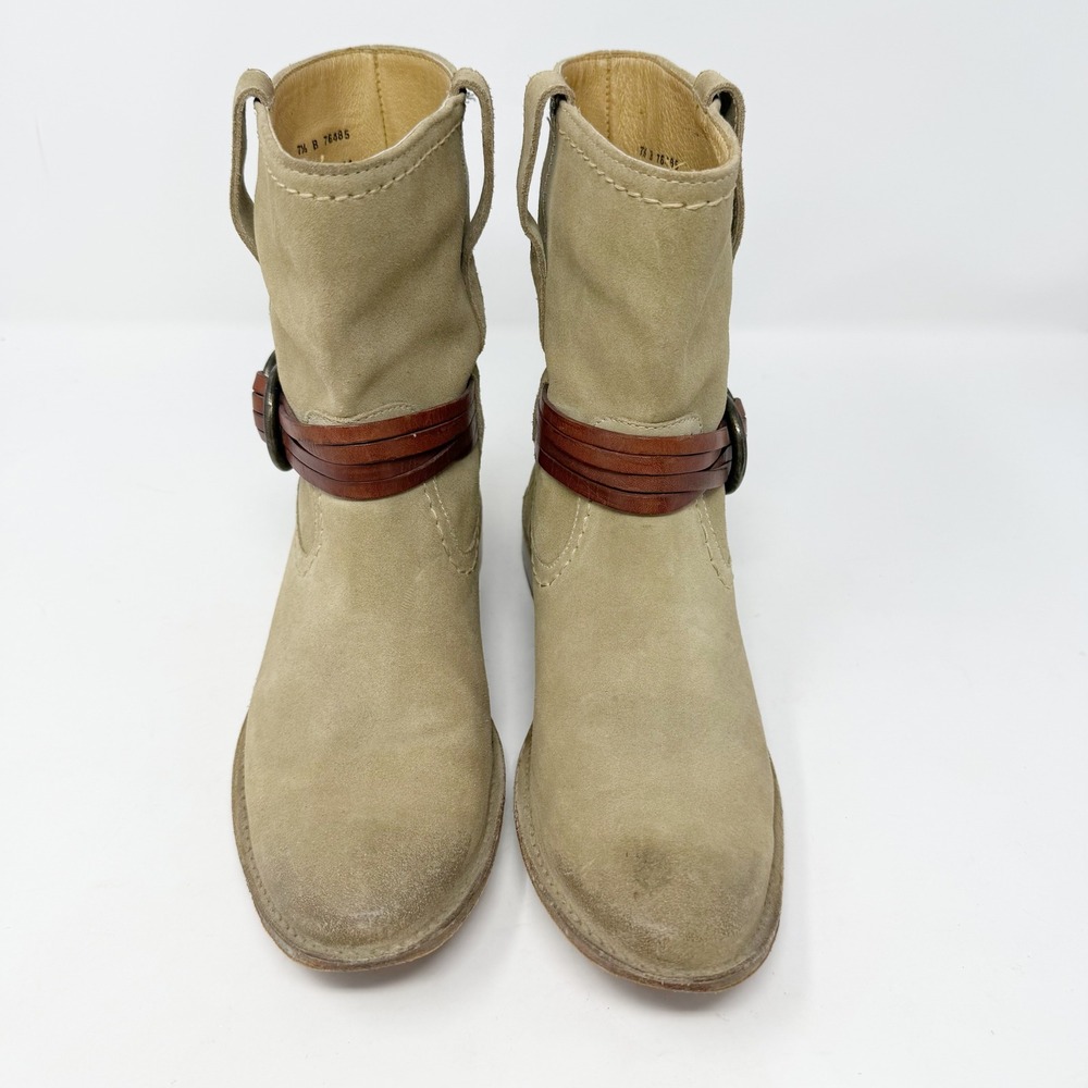 Frye Harness Suede Short Ankle Boots Beige‎ Tan Leather Straps 7.5 - Picture 11 of 14